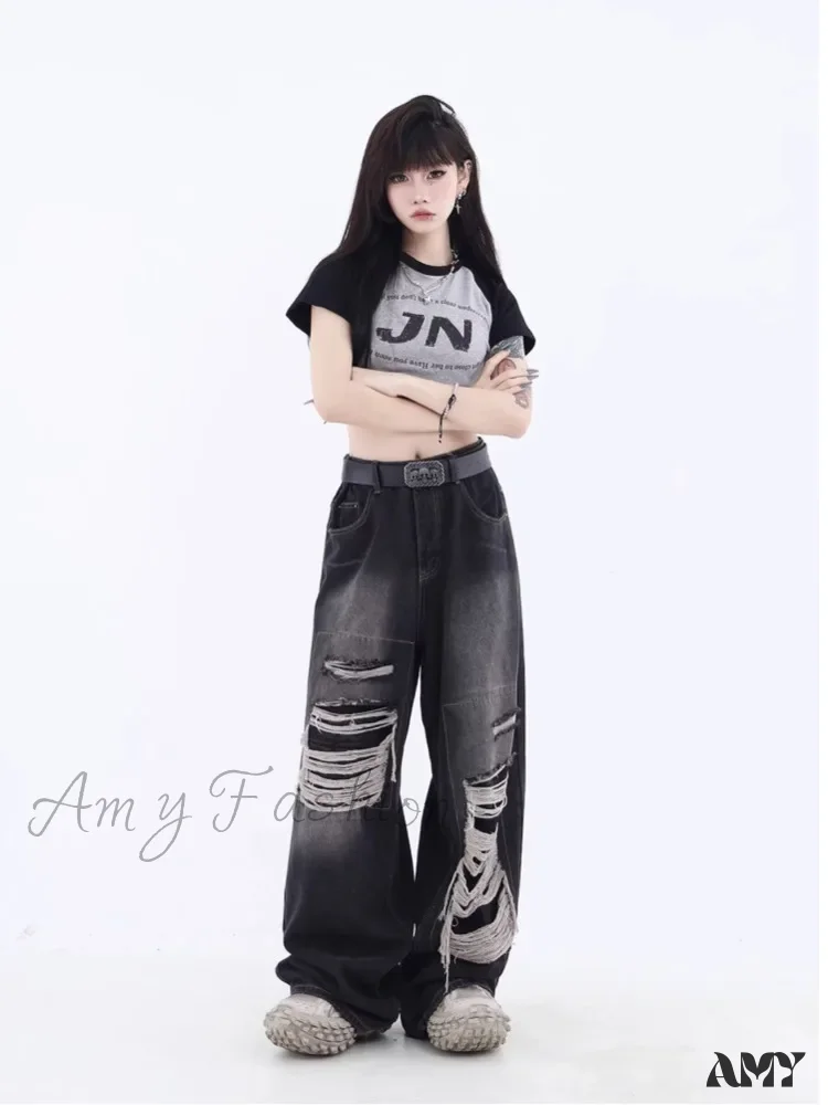 Amy Fashion - Vintage Distressed Washed Summer Loose Fitting Wide Leg Straight Tube Trendy Street Women's Jean