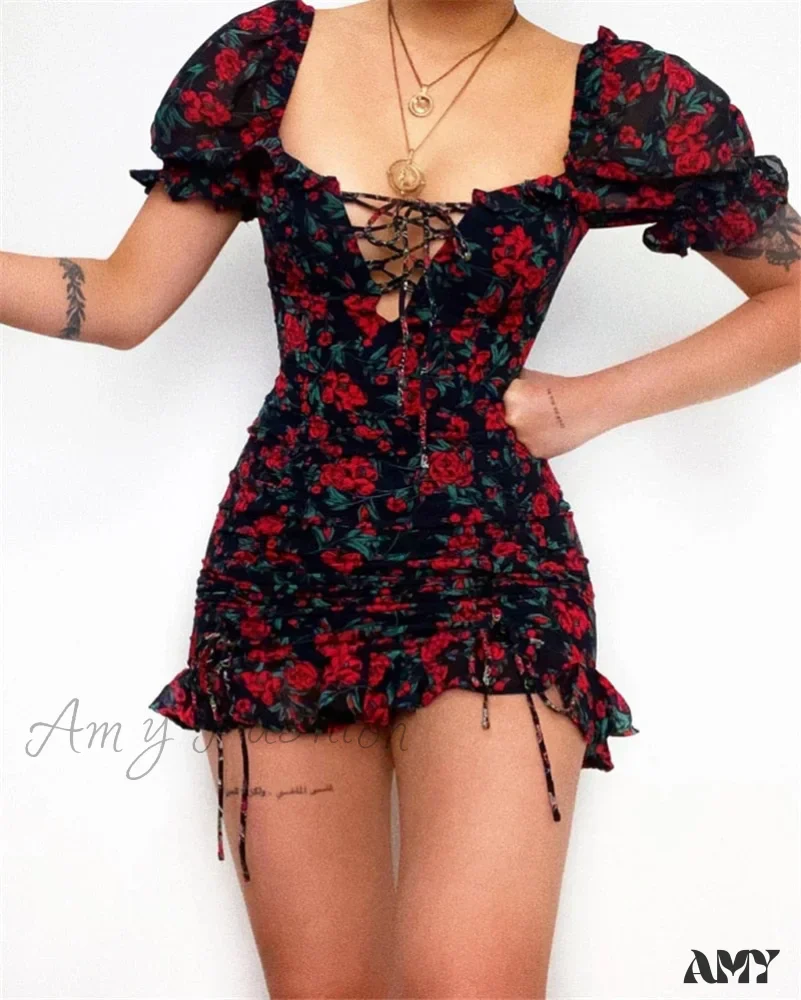 Amy Fashion - Vintage Floral Puff Sleeve Short Ruffles Dress