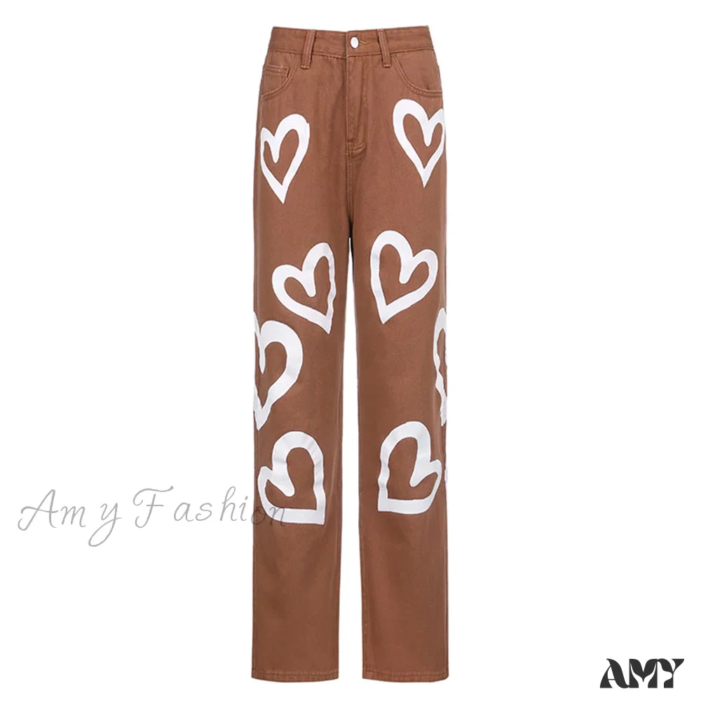 Amy Fashion - Vintage Blue Heart Printed Baggy Jeans - Image 5