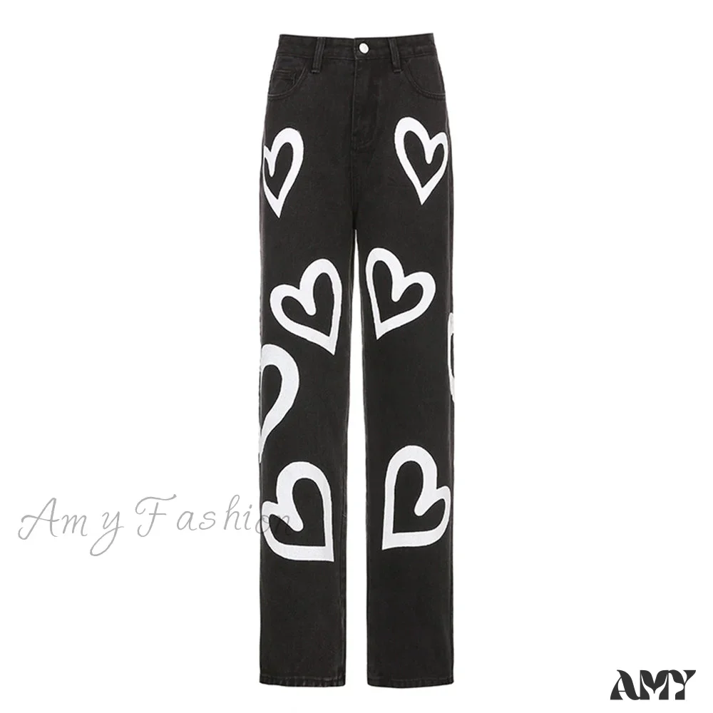 Amy Fashion - Vintage Blue Heart Printed Baggy Jeans - Image 6