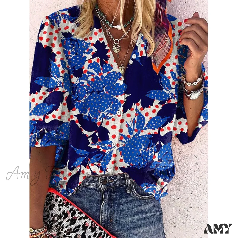 Amy Fashion - Vintage Loose Stamens Print Blouses - Image 11