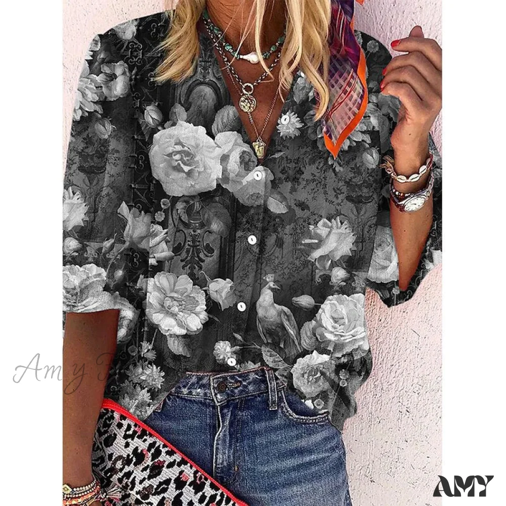 Amy Fashion - Vintage Loose Stamens Print Blouses - Image 18
