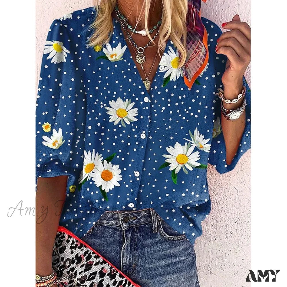 Amy Fashion - Vintage Loose Stamens Print Blouses - Image 19