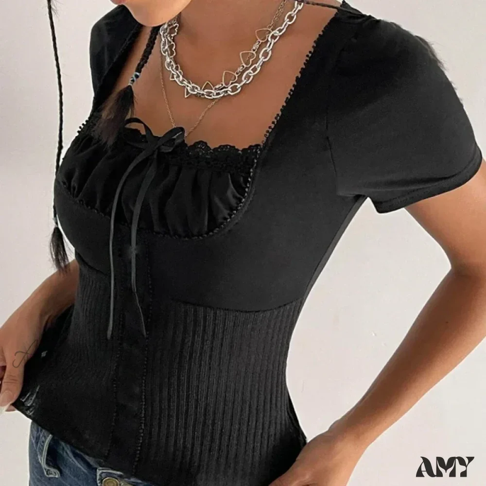 Vintage Preppy Cute Lace Trim Bow Short Sleeve Fairy Cottage Crop Top - Image 5