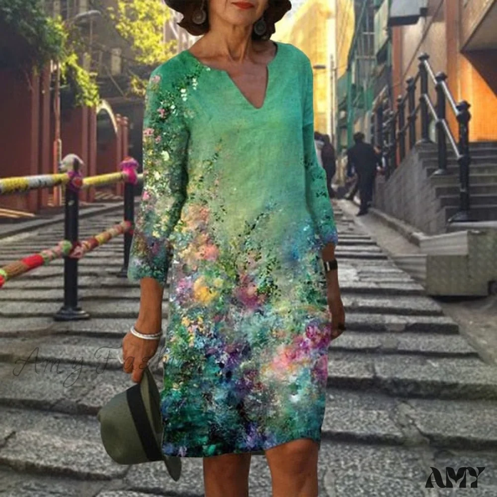 Amy Fashion - Vintage Printed V-neck Knee Length Straight Dresses - Image 10