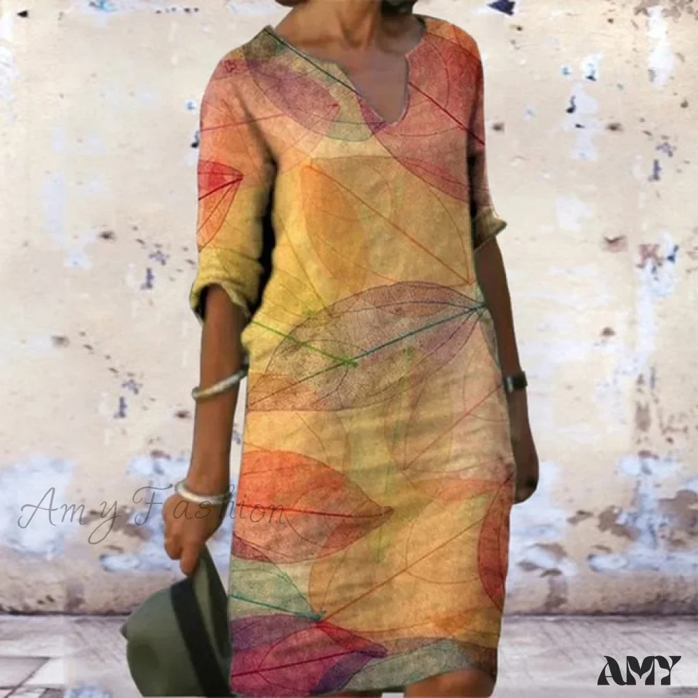 Amy Fashion - Vintage Printed V-neck Knee Length Straight Dresses - Image 13