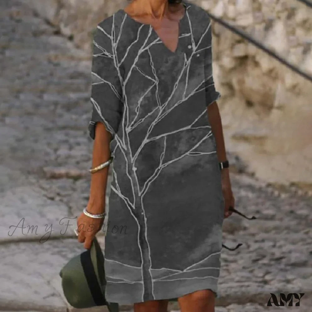 Amy Fashion - Vintage Printed V-neck Knee Length Straight Dresses - Image 14
