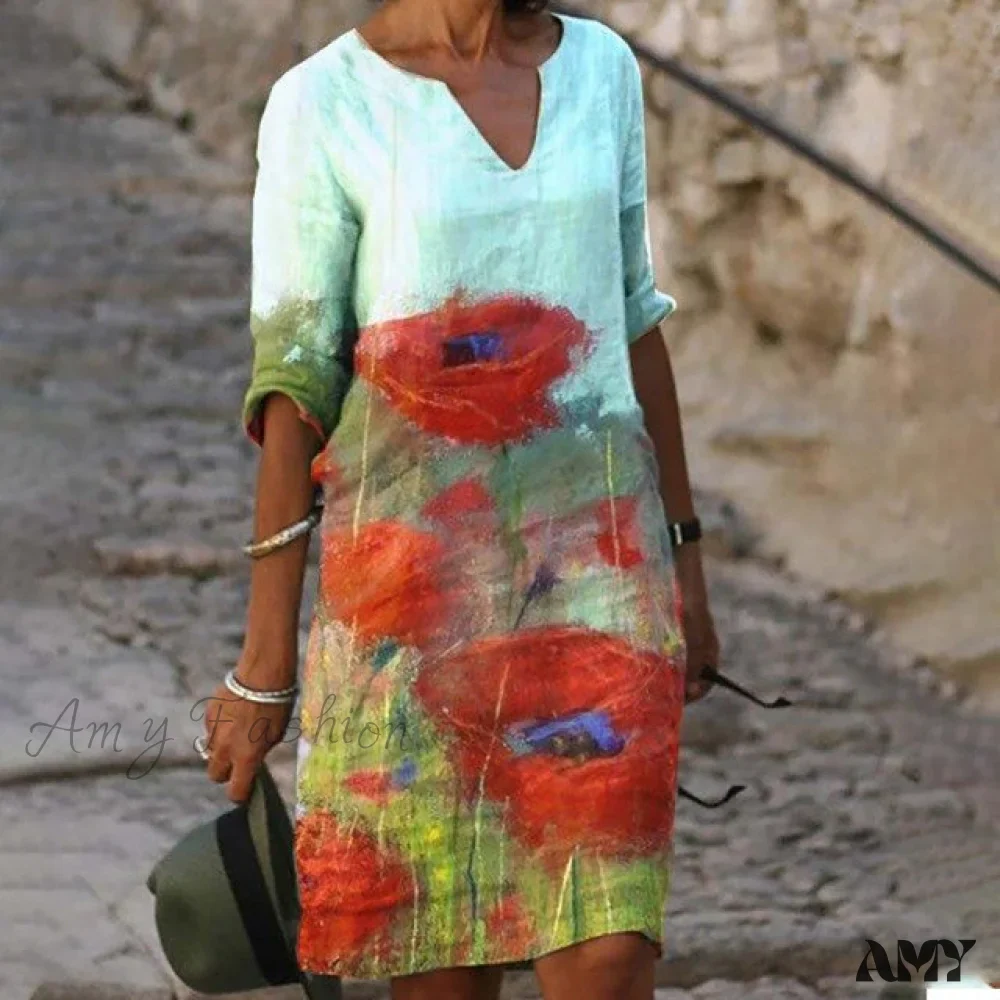 Amy Fashion - Vintage Printed V-neck Knee Length Straight Dresses - Image 15