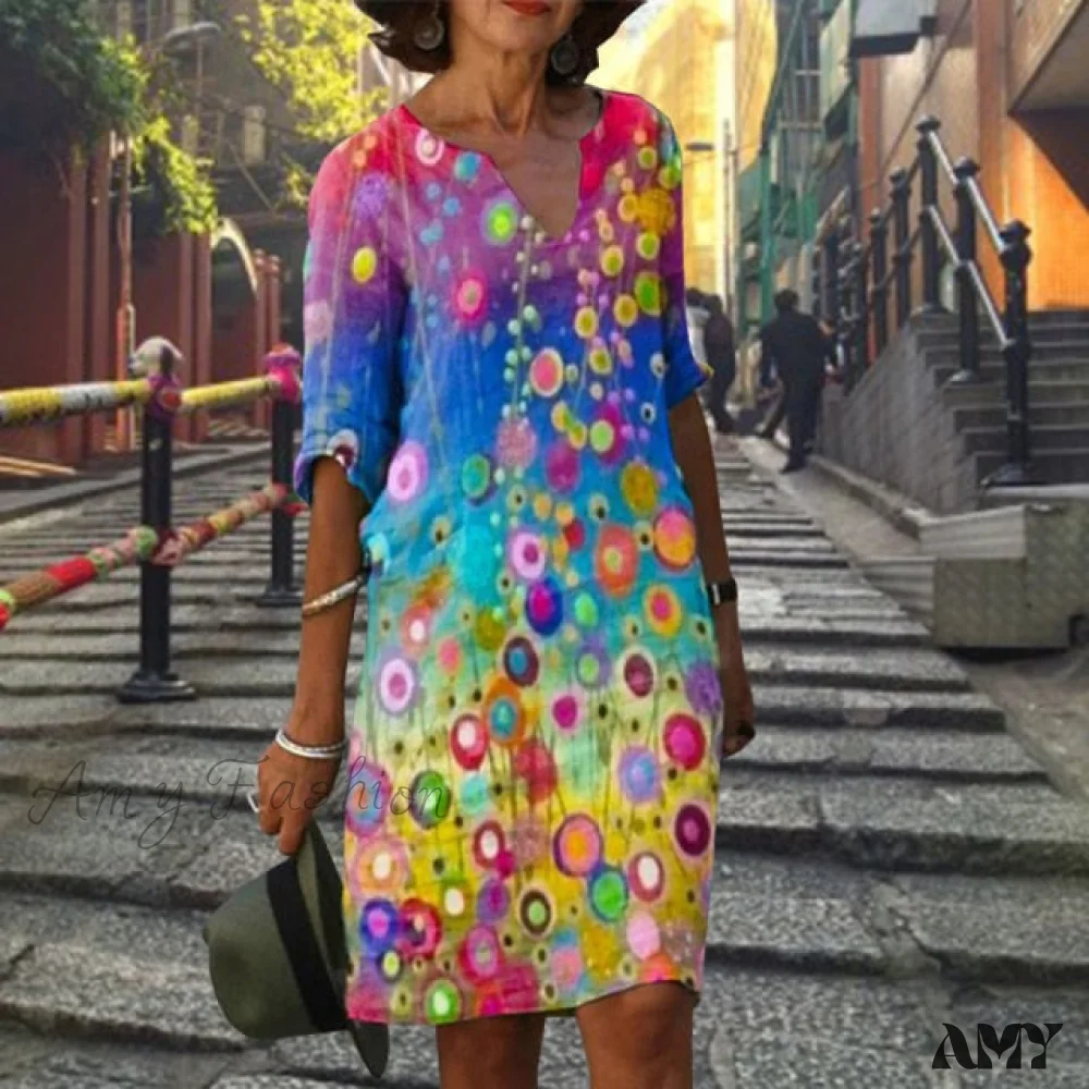 Amy Fashion - Vintage Printed V-neck Knee Length Straight Dresses - Image 20
