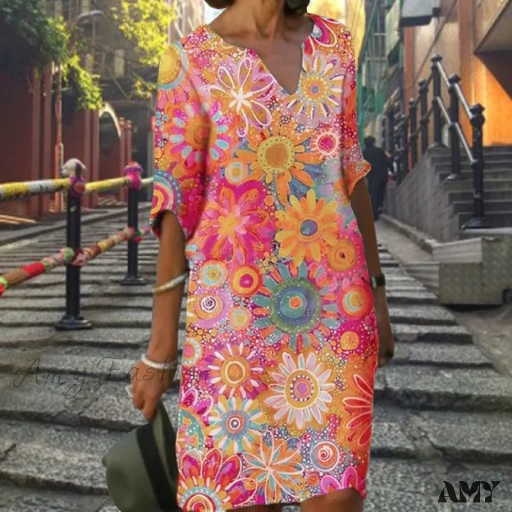 Amy Fashion - Vintage Printed V-neck Knee Length Straight Dresses - Image 21