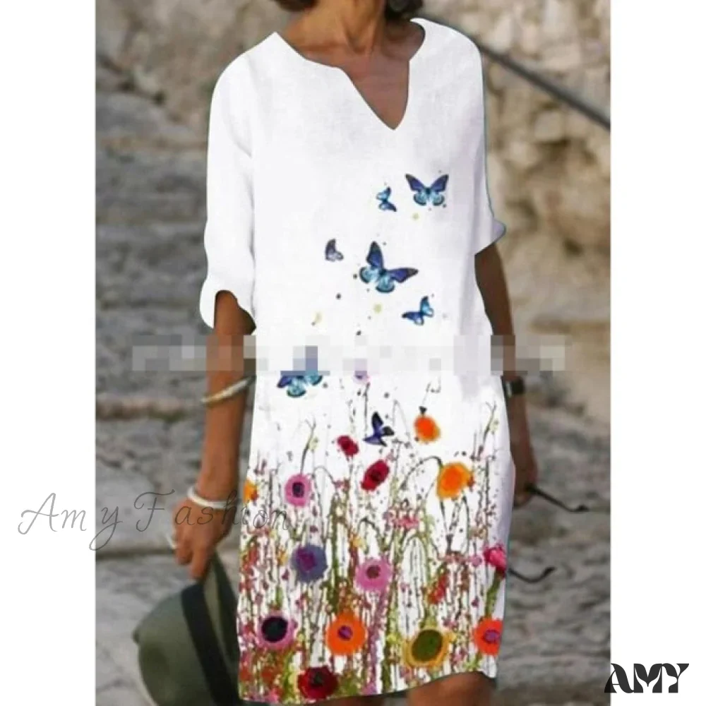 Amy Fashion - Vintage Printed V-neck Knee Length Straight Dresses - Image 6