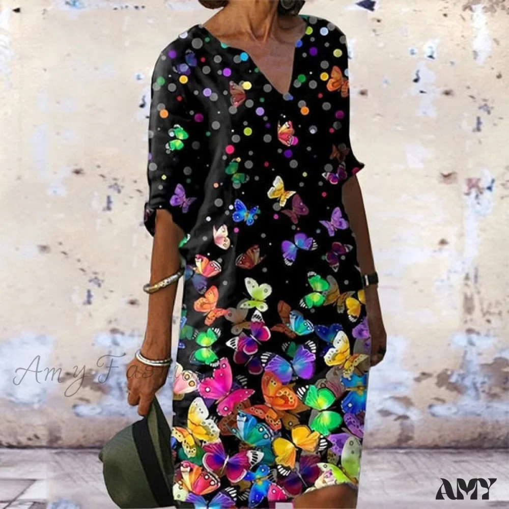 Amy Fashion - Vintage Printed V-neck Knee Length Straight Dresses - Image 8
