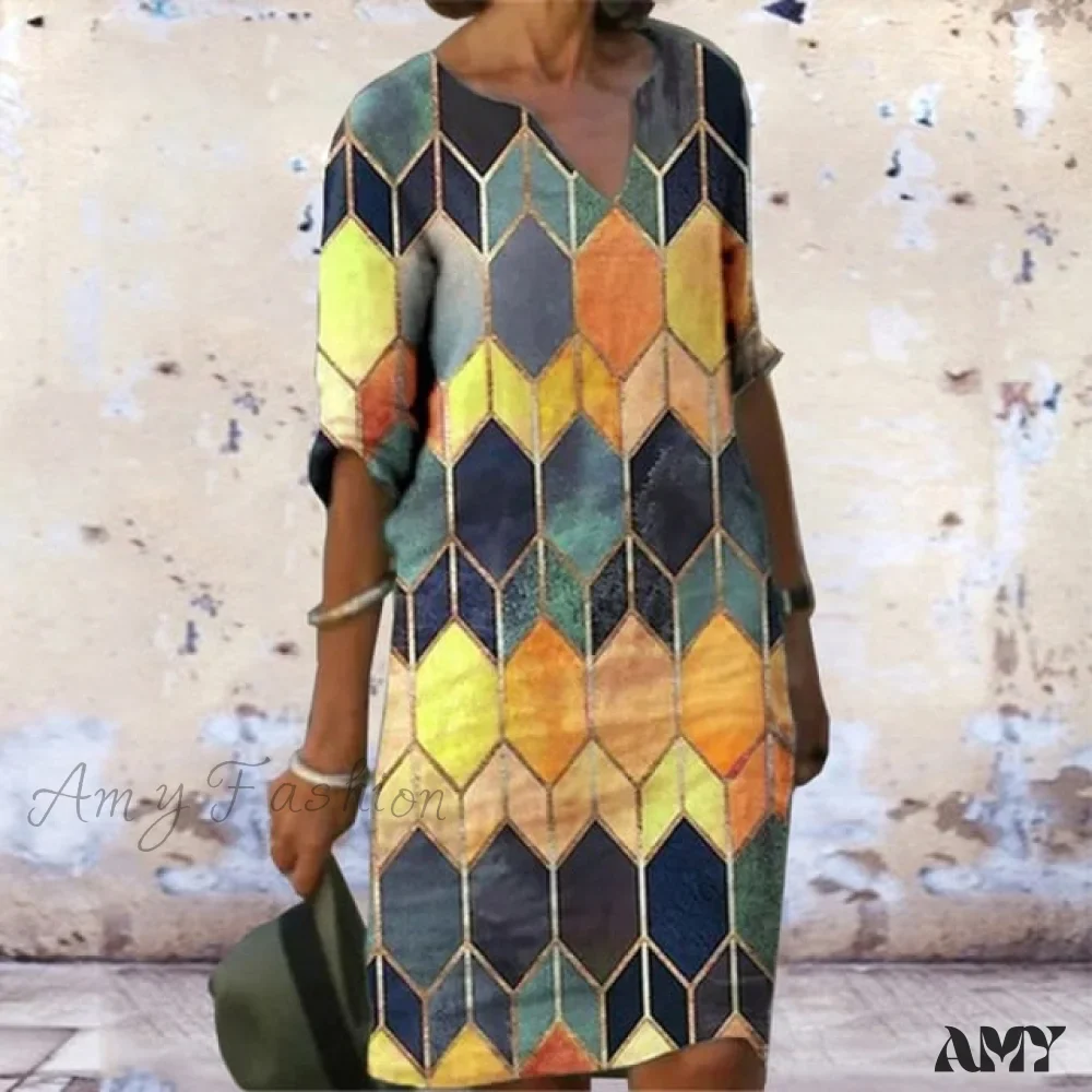Amy Fashion - Vintage Printed V-neck Knee Length Straight Dresses - Image 9
