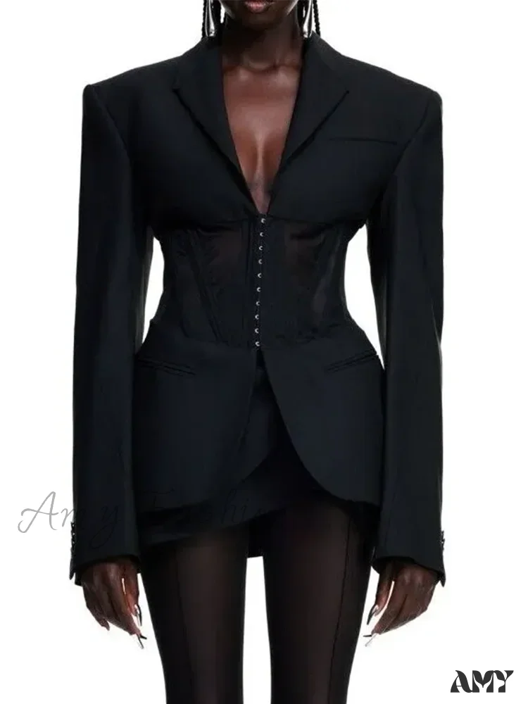 Vintage Sexy Notched Collar Slim Long Sleeve Patchwork Sheer Mesh Tunic Fashion Clothing New Blazer - Image 2