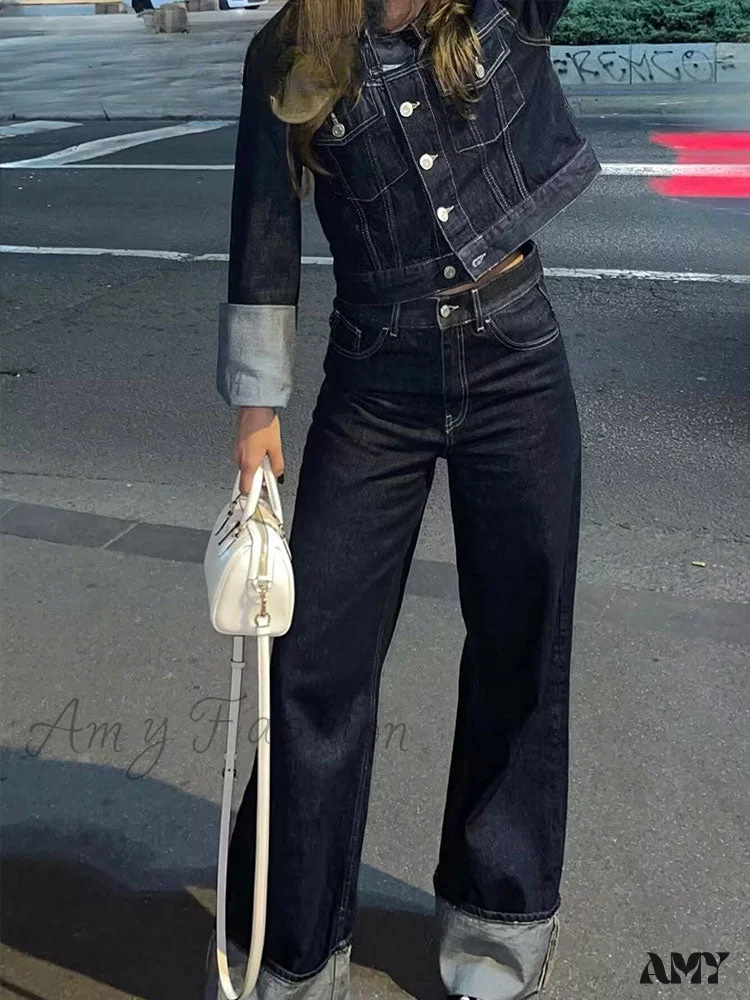 Vintage Single Breasted Lapel Long Sleeve With Pockets Dark Blue High Street Jacket - Image 3