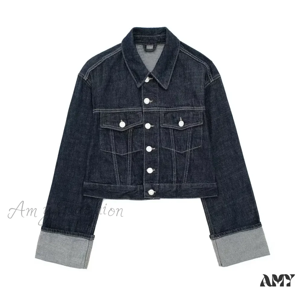 Vintage Single Breasted Lapel Long Sleeve With Pockets Dark Blue High Street Jacket - Image 4
