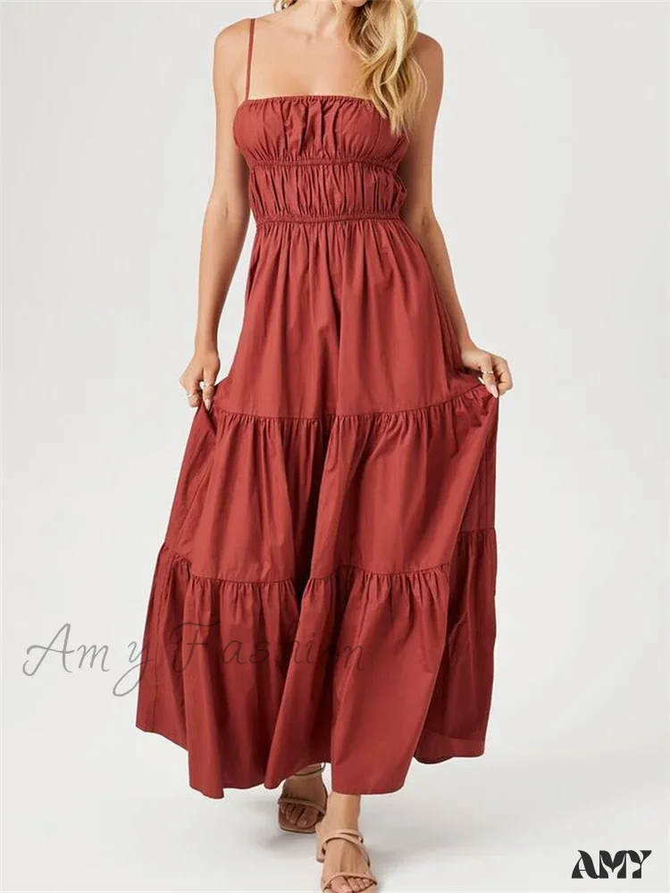 Amy Fashion - Vintage Sleeveless Strap Ruched  Sling  Women Low Cut Square Neck Solid Slim Party Club Vestidos