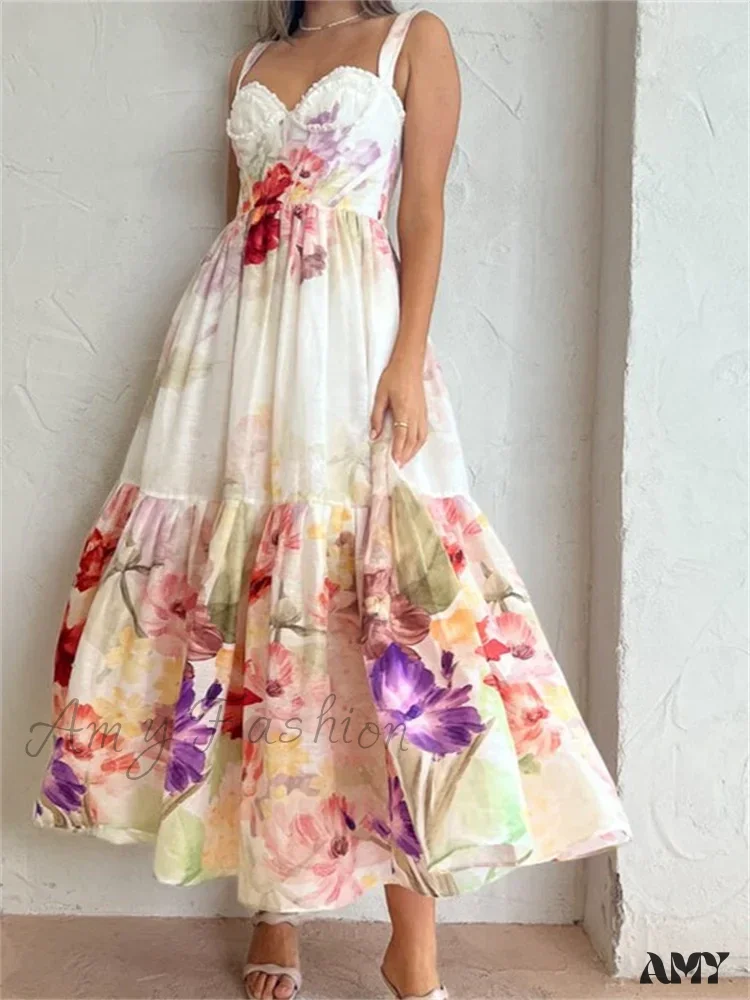 Amy Fashion - Vintage Women High Waist Sleeveless Strap Lace Push Up Flower Print Summer Beach Female Vestido