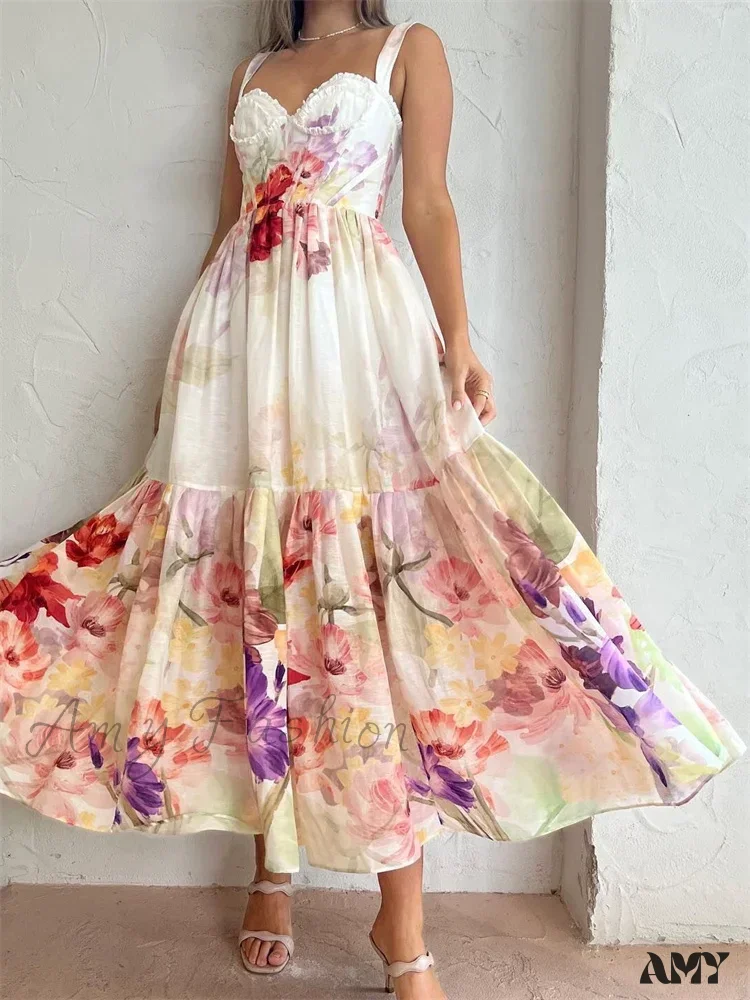 Amy Fashion - Vintage Women High Waist Sleeveless Strap Lace Push Up Flower Print Summer Beach Female Vestido - Image 2