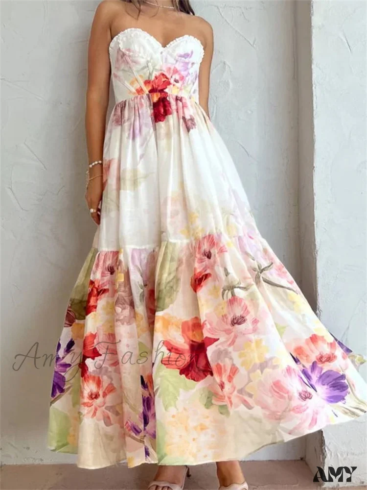 Amy Fashion - Vintage Women High Waist Sleeveless Strap Lace Push Up Flower Print Summer Beach Female Vestido - Image 3