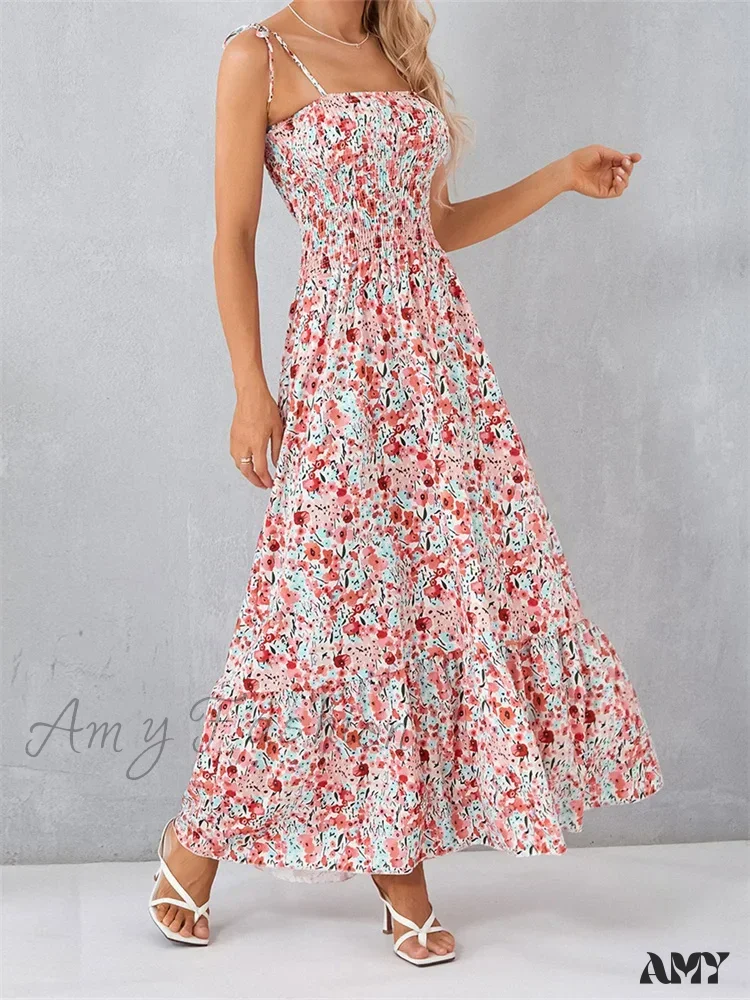 Amy Fashion - Vintage Women Sleeveless Tie-up Spaghetti Strap Floral Print Summer Party Beach Female Vestidos - Image 2