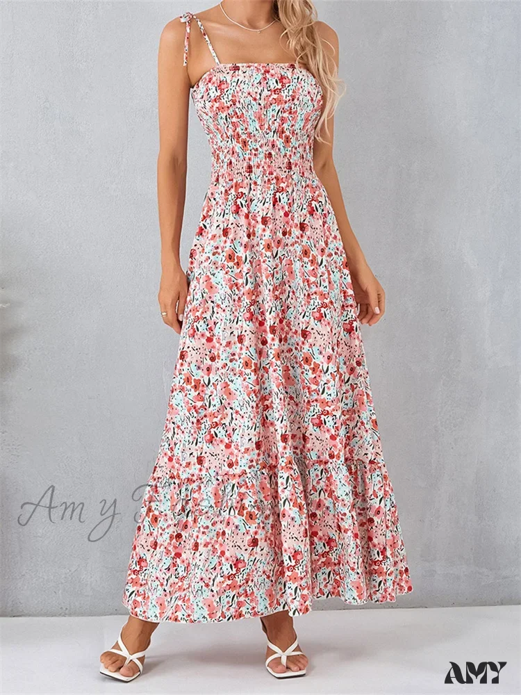 Amy Fashion - Vintage Women Sleeveless Tie-up Spaghetti Strap Floral Print Summer Party Beach Female Vestidos - Image 4