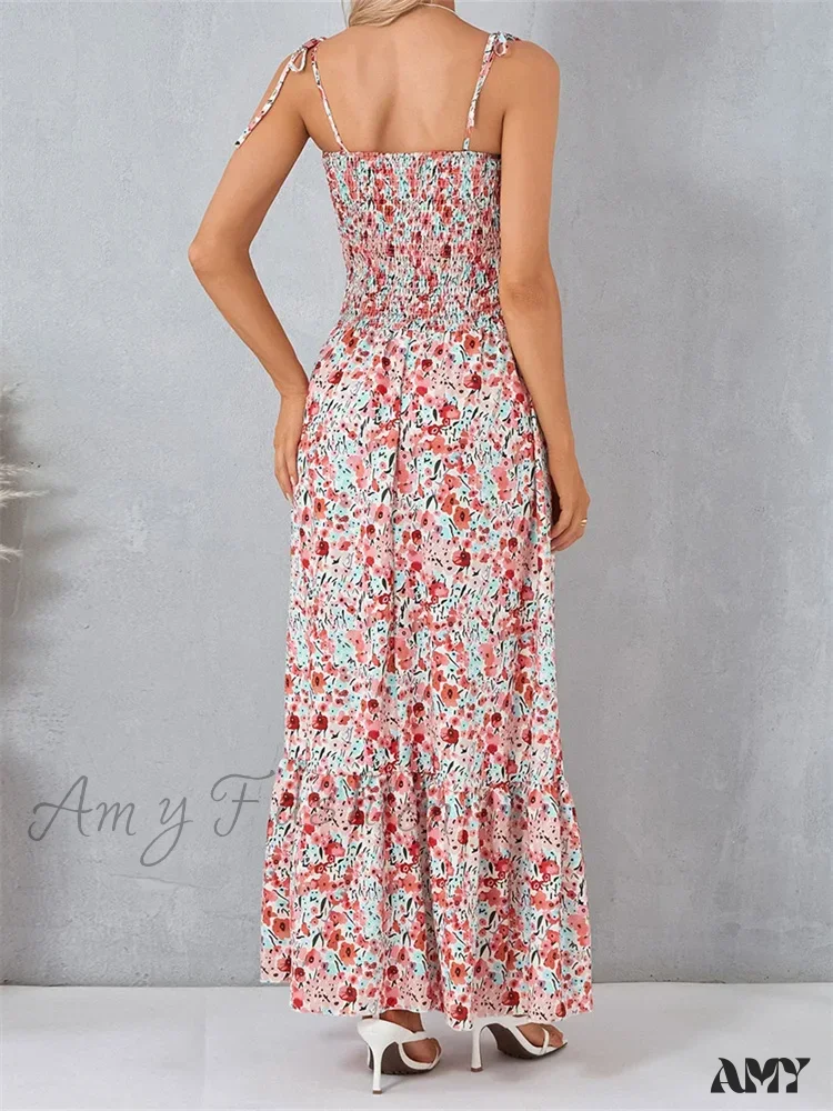 Amy Fashion - Vintage Women Sleeveless Tie-up Spaghetti Strap Floral Print Summer Party Beach Female Vestidos - Image 6