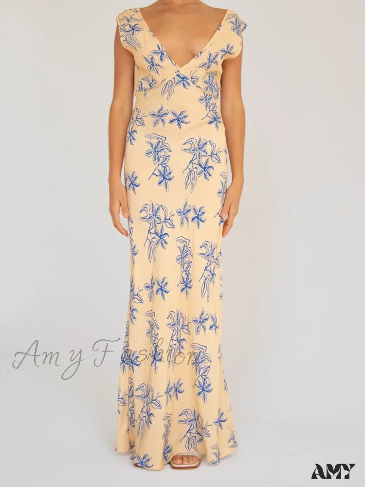 Amy Fashion - Vintage Women Sleeveless V-neck Backless Flower Print Summer for Vacation Party Female Vestidos - Image 2