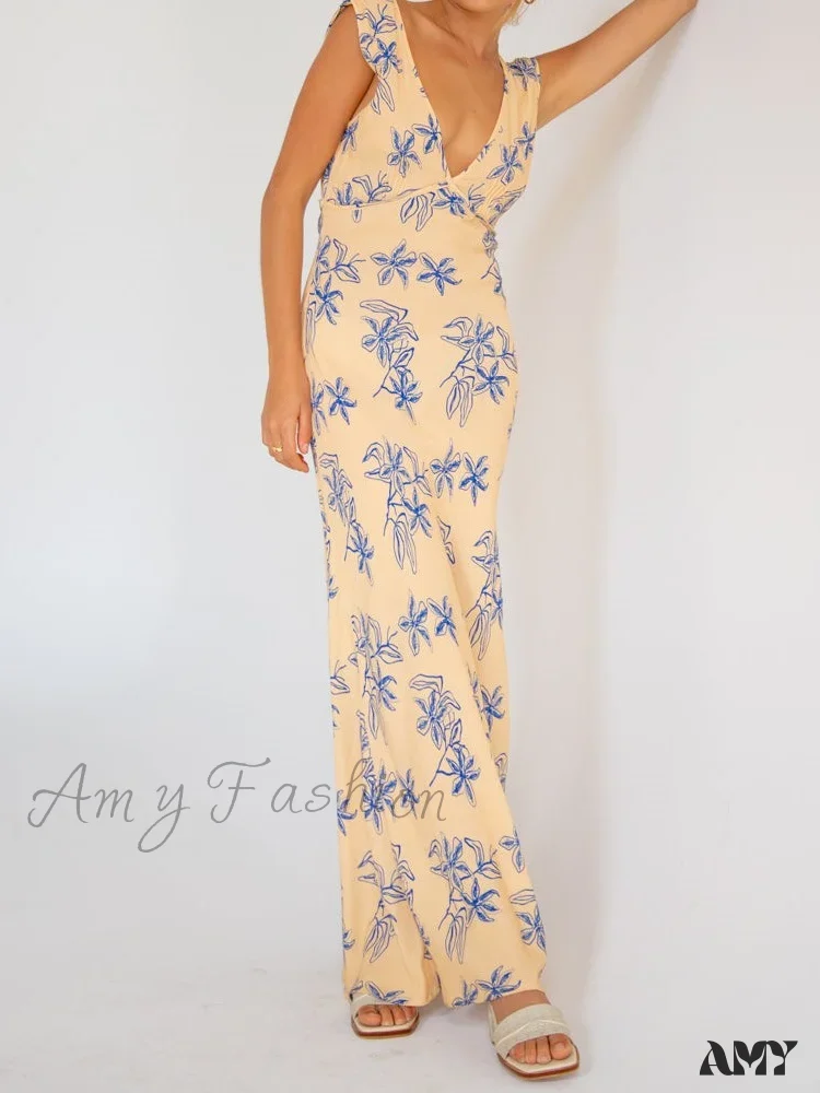 Amy Fashion - Vintage Women Sleeveless V-neck Backless Flower Print Summer for Vacation Party Female Vestidos - Image 4