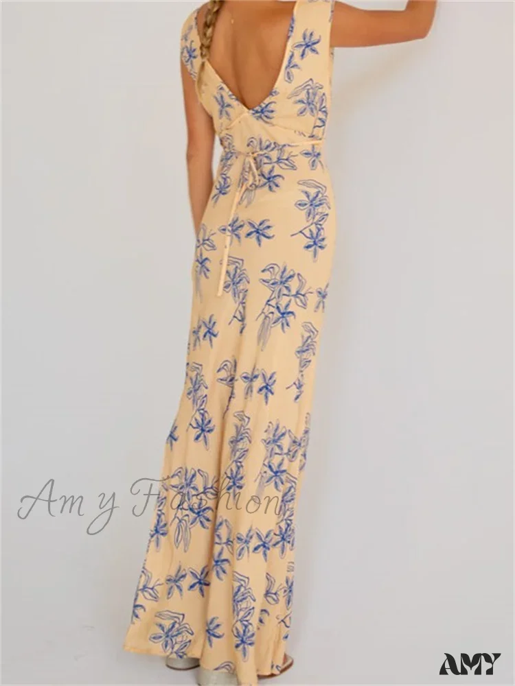 Amy Fashion - Vintage Women Sleeveless V-neck Backless Flower Print Summer for Vacation Party Female Vestidos - Image 5