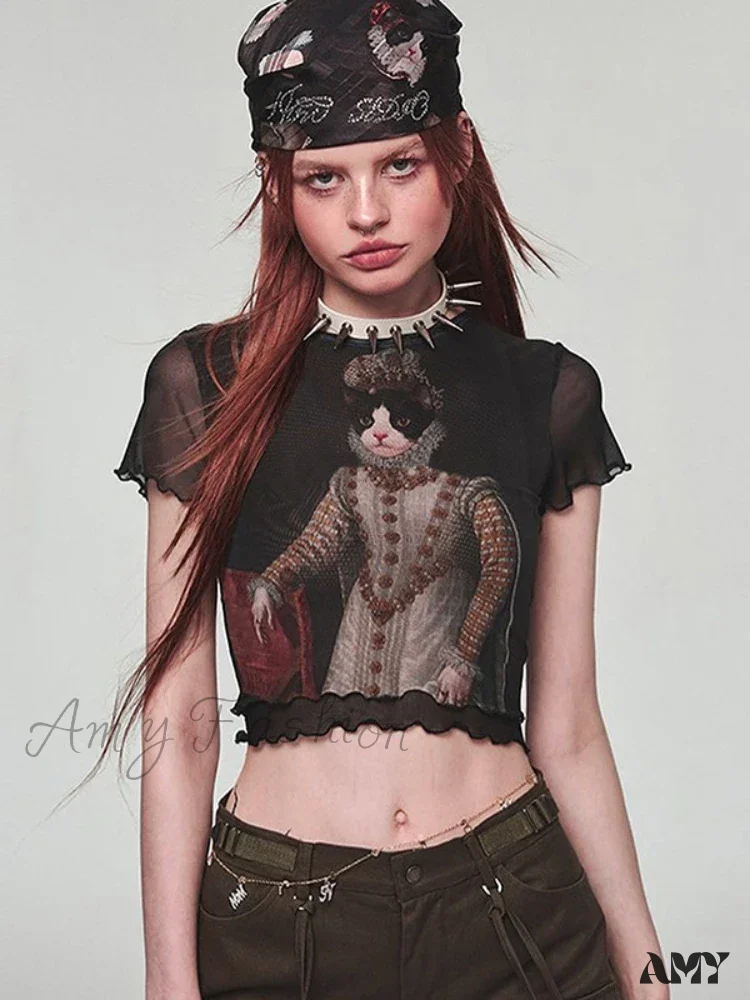 Vintage Y2K Goth Harajuku Cat Print Emo Short Sleeve Mesh Tee Women Crop Top - Image 2