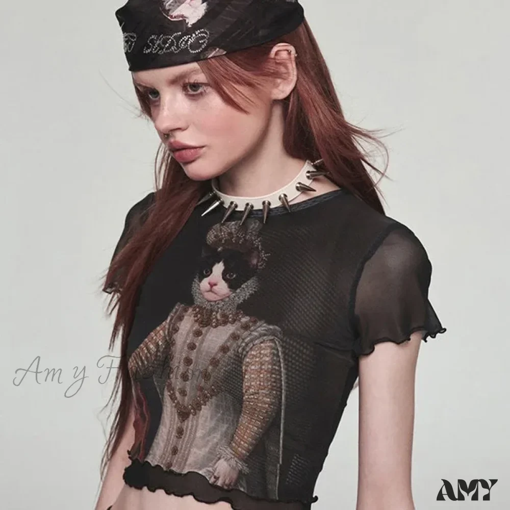 Vintage Y2K Goth Harajuku Cat Print Emo Short Sleeve Mesh Tee Women Crop Top - Image 3
