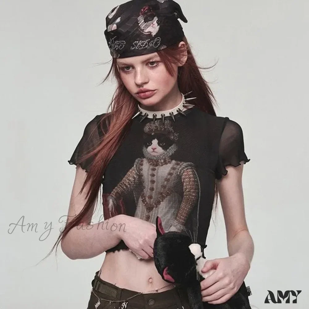 Vintage Y2K Goth Harajuku Cat Print Emo Short Sleeve Mesh Tee Women Crop Top - Image 4