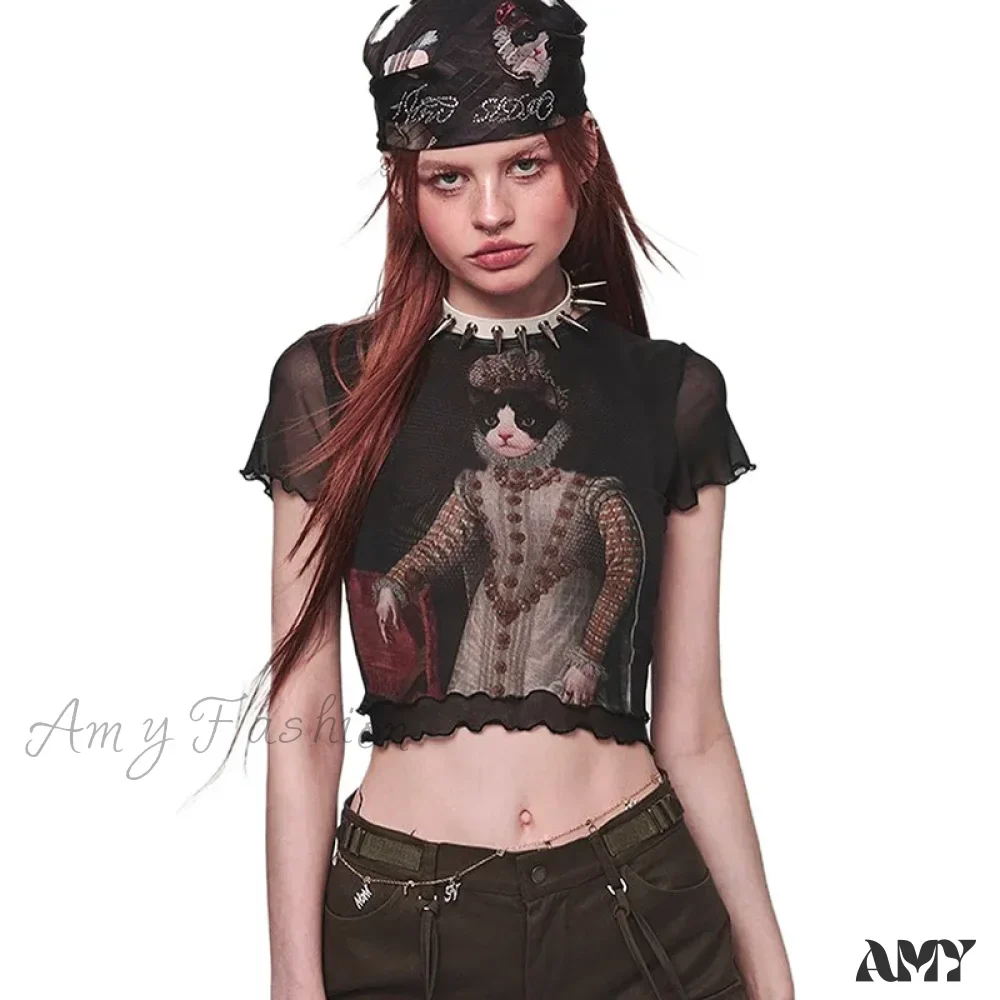 Vintage Y2K Goth Harajuku Cat Print Emo Short Sleeve Mesh Tee Women Crop Top - Image 6