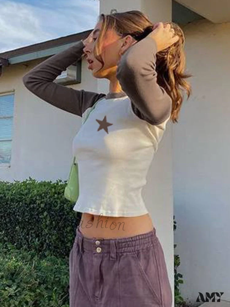 Amy Fashion - Brown Star Print Casual T-shirt