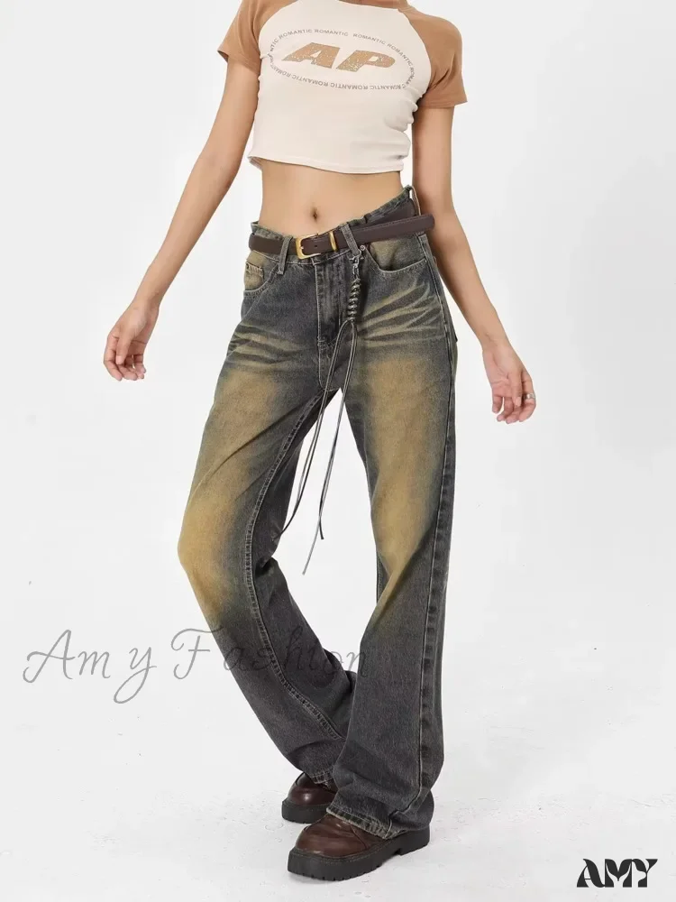 Amy Fashion - Wash Made Old Blue Micro Flared Retro Trendy Jean - Image 2
