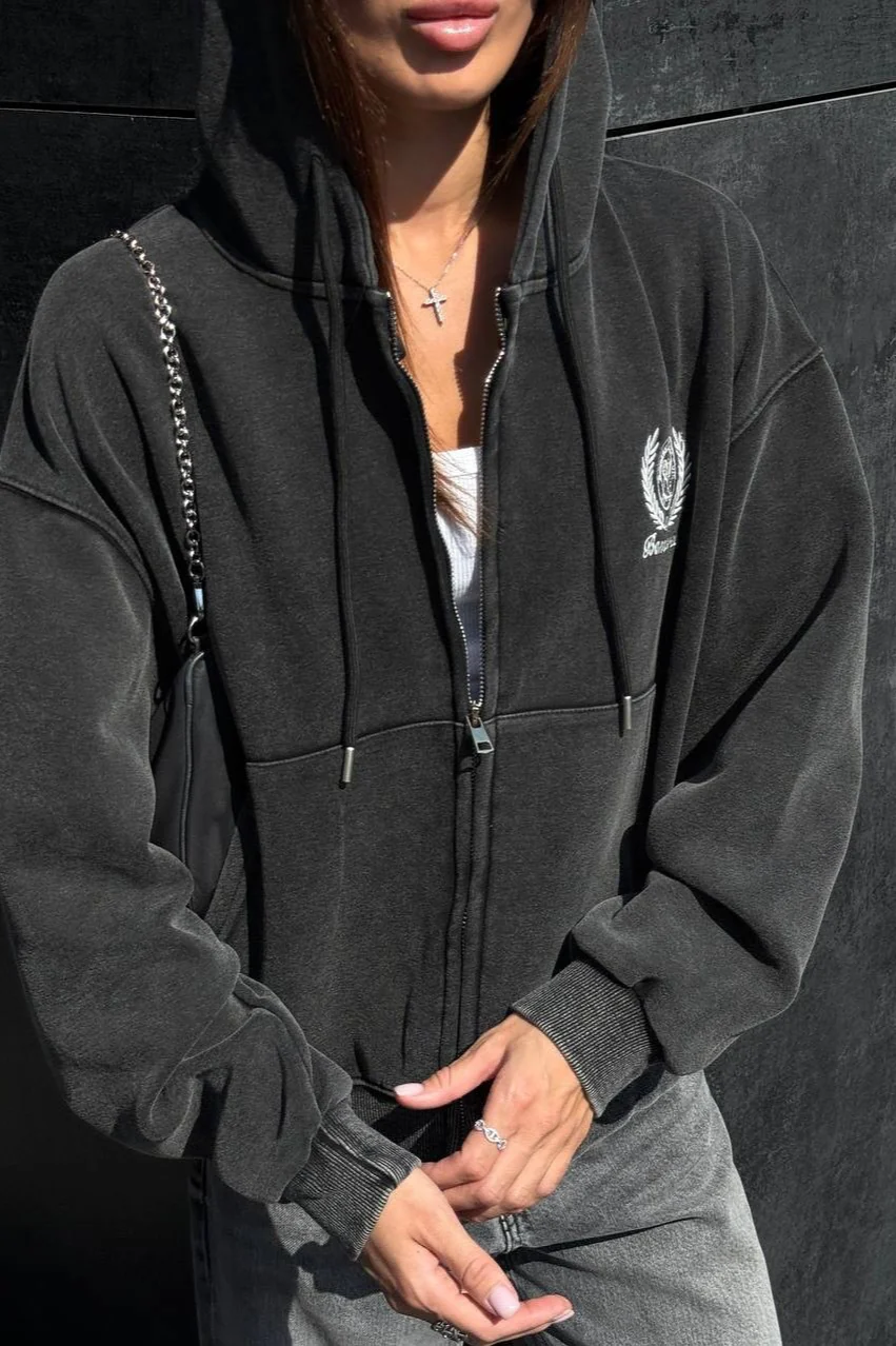 Washed Vintage Zip-Up Letter Embroidery Hoodie - Image 5
