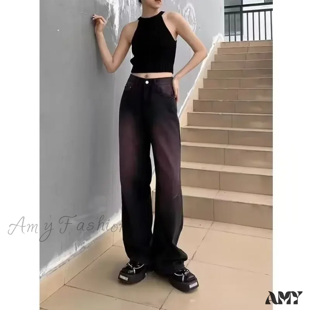 Amy Fashion - Washed Youth Fashion Literary Trend Loose High Street Harajuku Fashion Jean