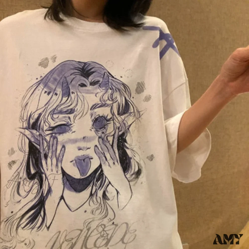 Amy Fashion - White Cartoon Female Kawaii Tops Tee - Image 7