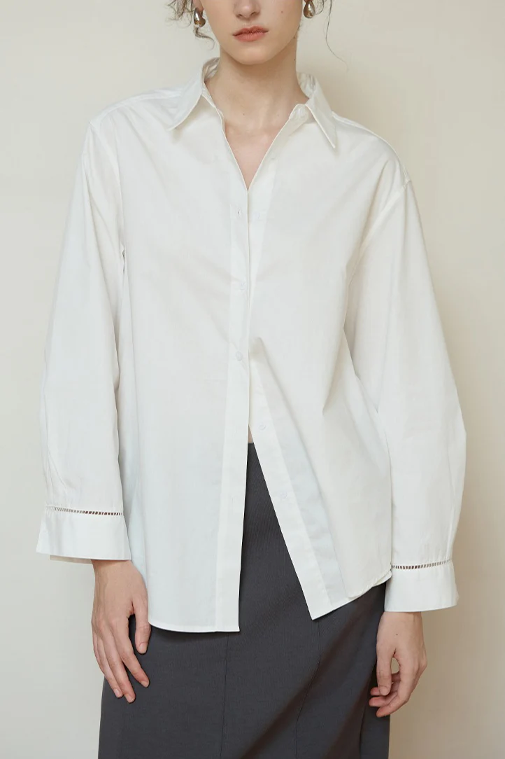 White High-Density Cotton Long-Sleeve Collared Blouse - Image 2