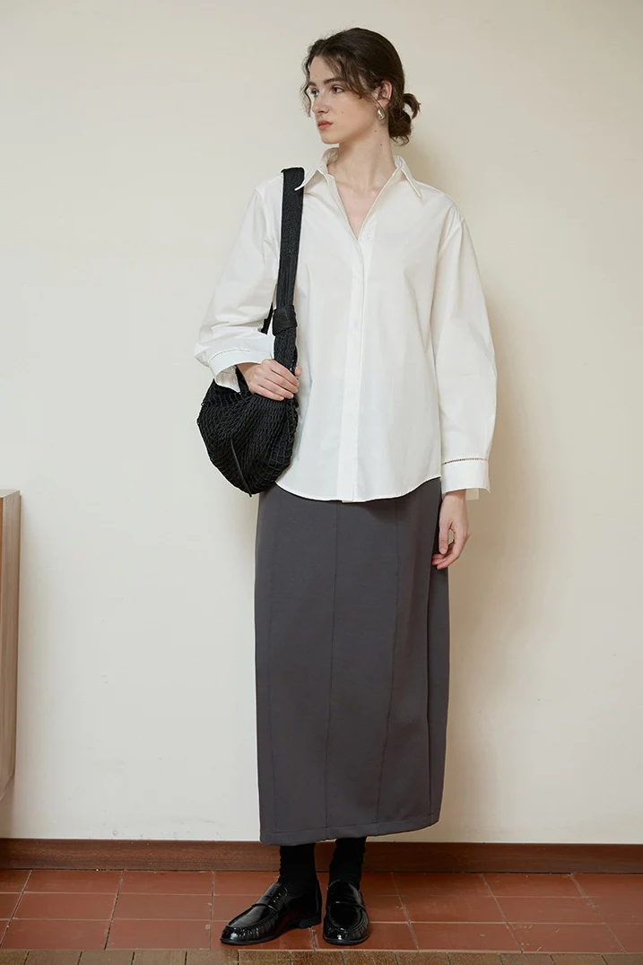 White High-Density Cotton Long-Sleeve Collared Blouse - Image 3