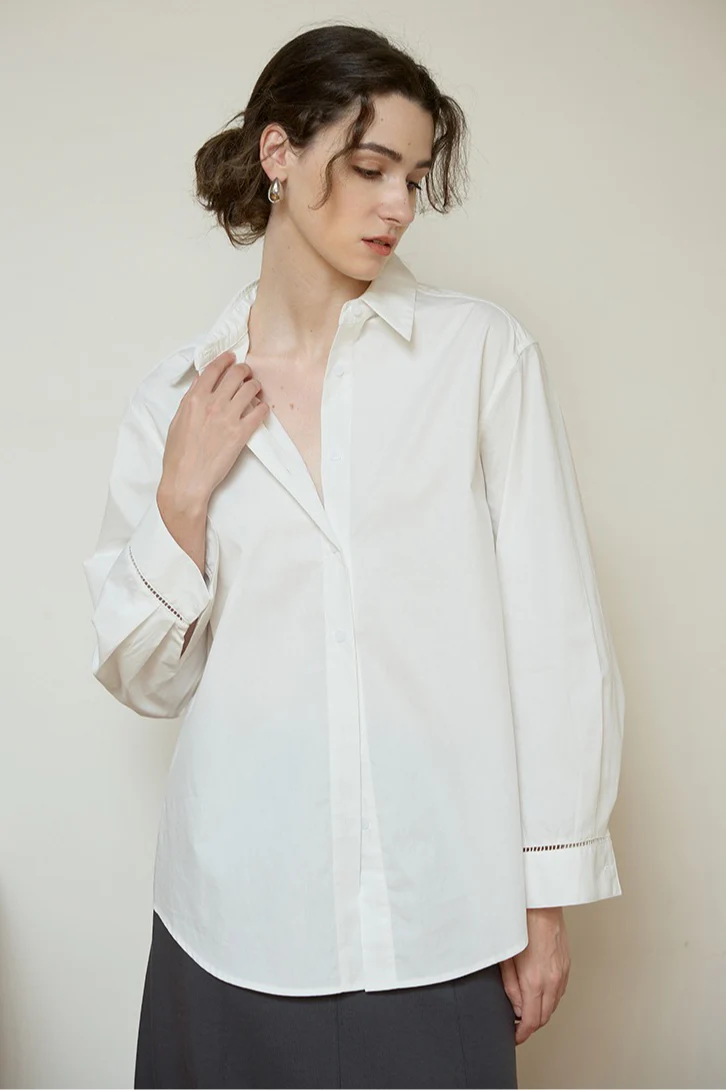 White High-Density Cotton Long-Sleeve Collared Blouse - Image 4