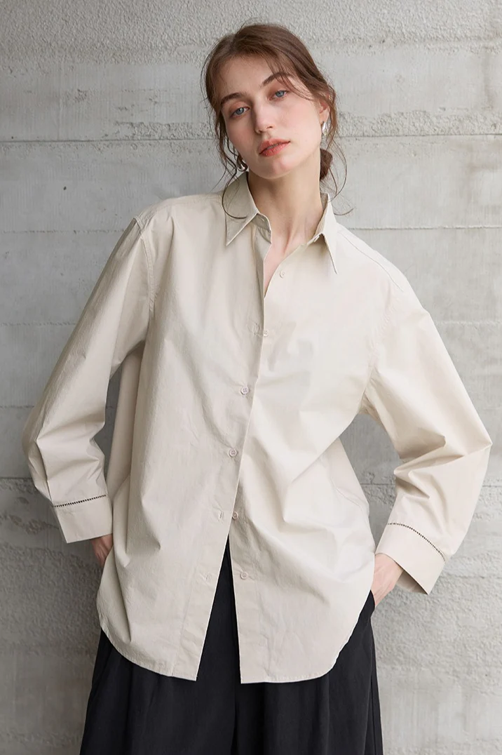 White High-Density Cotton Long-Sleeve Collared Blouse - Image 5