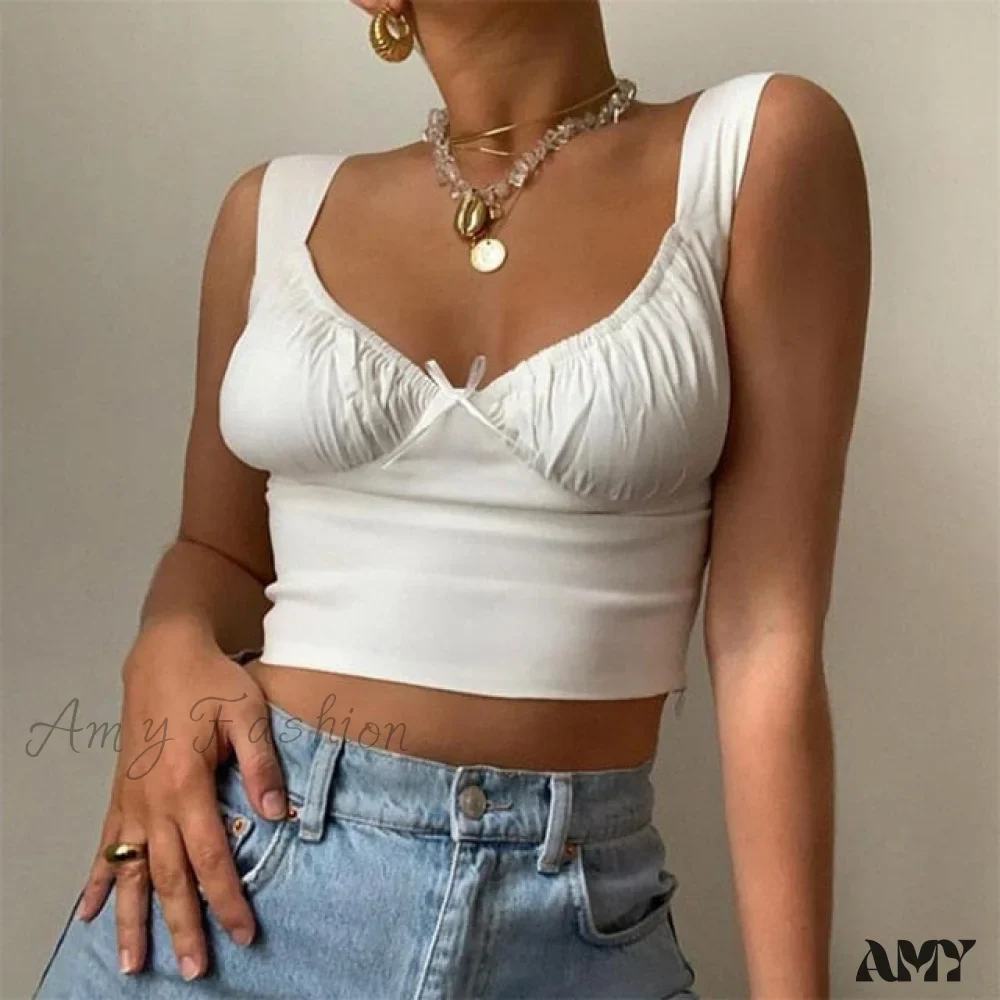 Amy Fashion - White Ruched Bow Slim Camis - Image 2