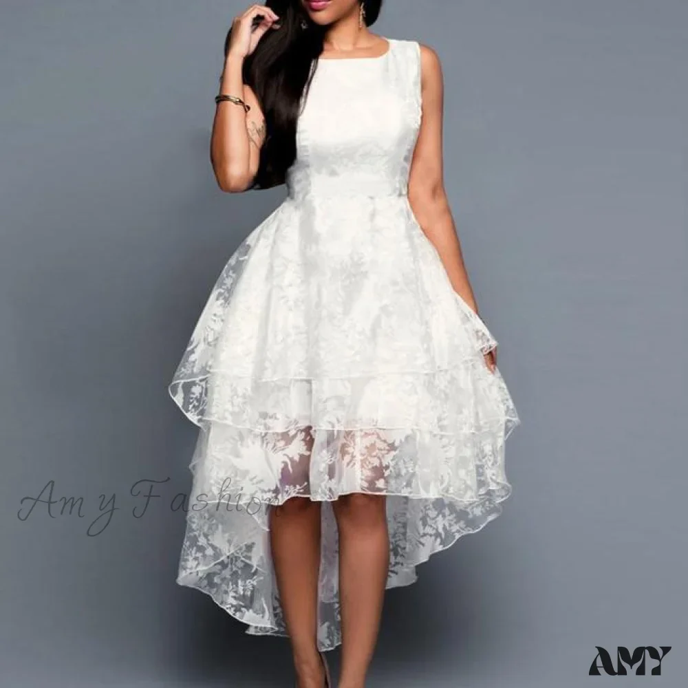 Amy Fashion - White Sleeveless O Neck Lace Dress - Image 3