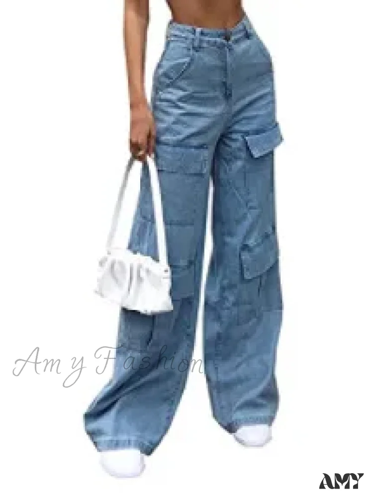 Wide Leg Cargo Denim Mid Waist Zipper Loose Slight Stretch High Street Solid Pockets Jean - Image 3