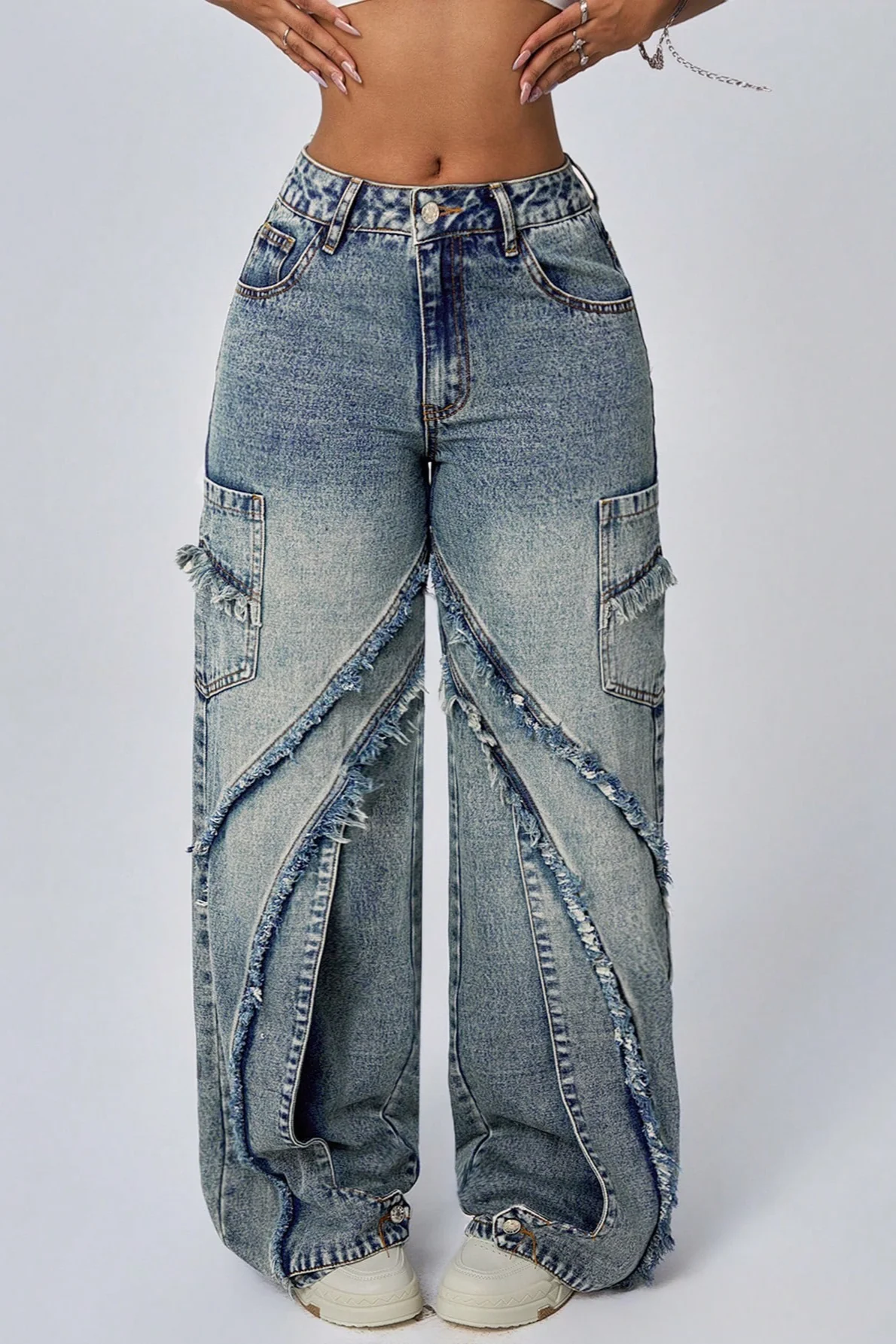Wide Leg Raw Hem Patchwork Loose Fashion Jeans - Image 2