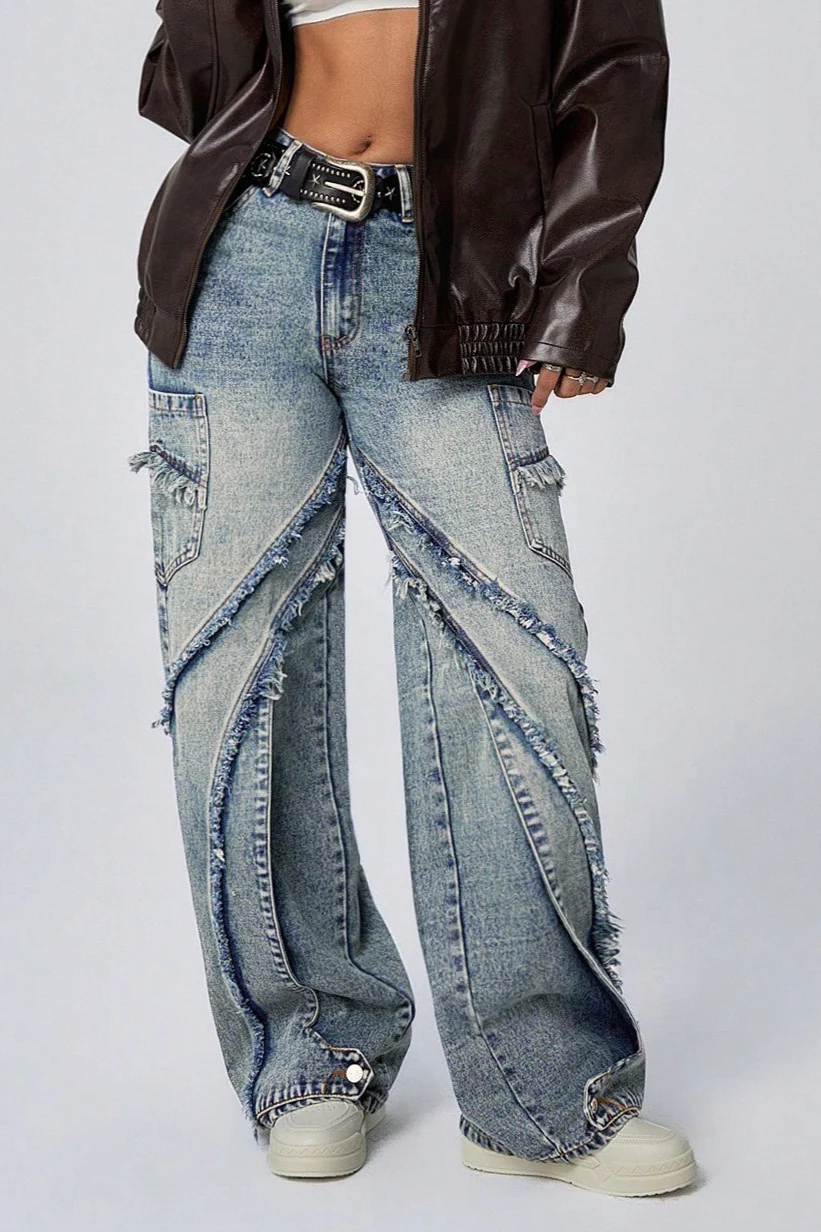 Wide Leg Raw Hem Patchwork Loose Fashion Jeans - Image 3