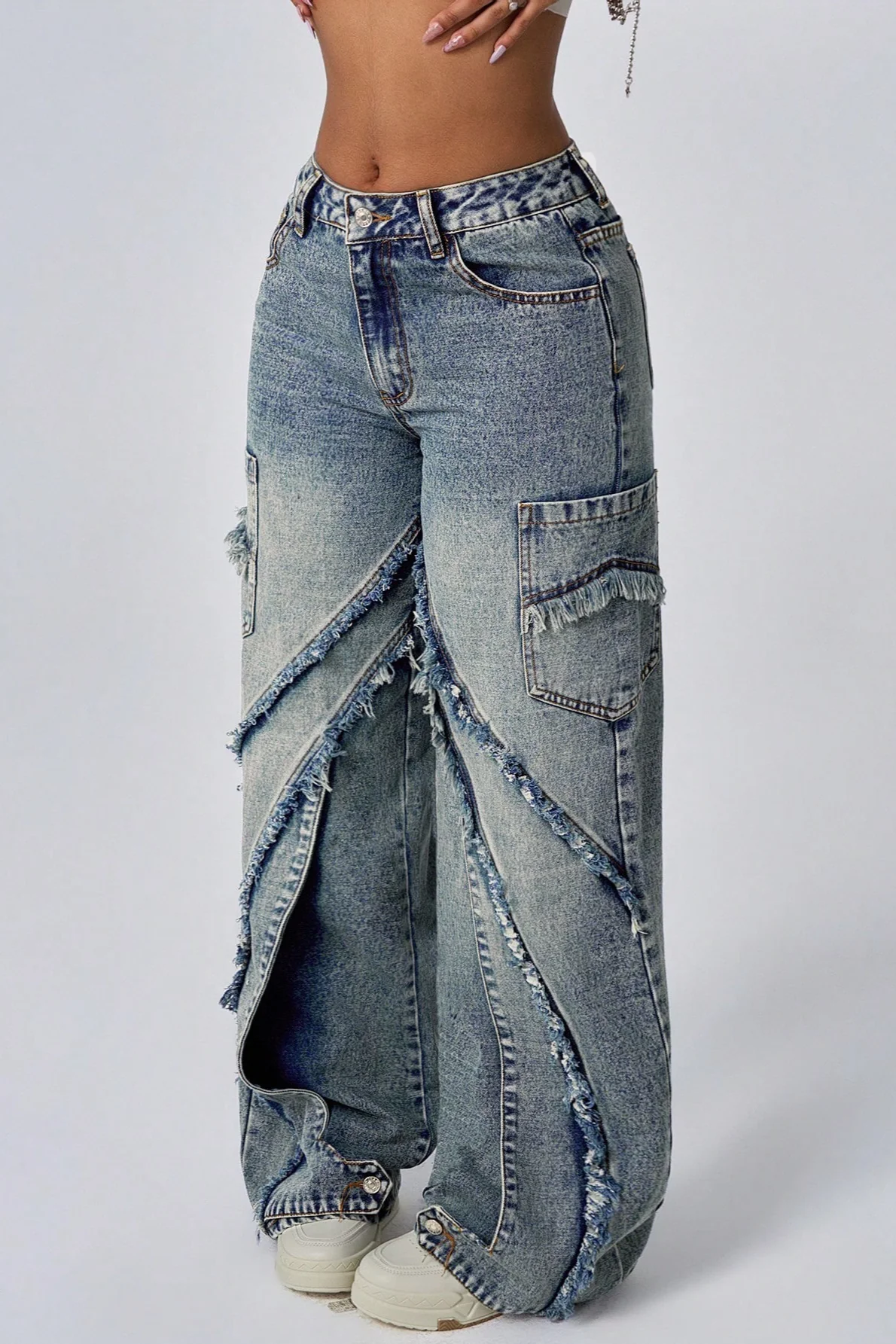 Wide Leg Raw Hem Patchwork Loose Fashion Jeans - Image 4