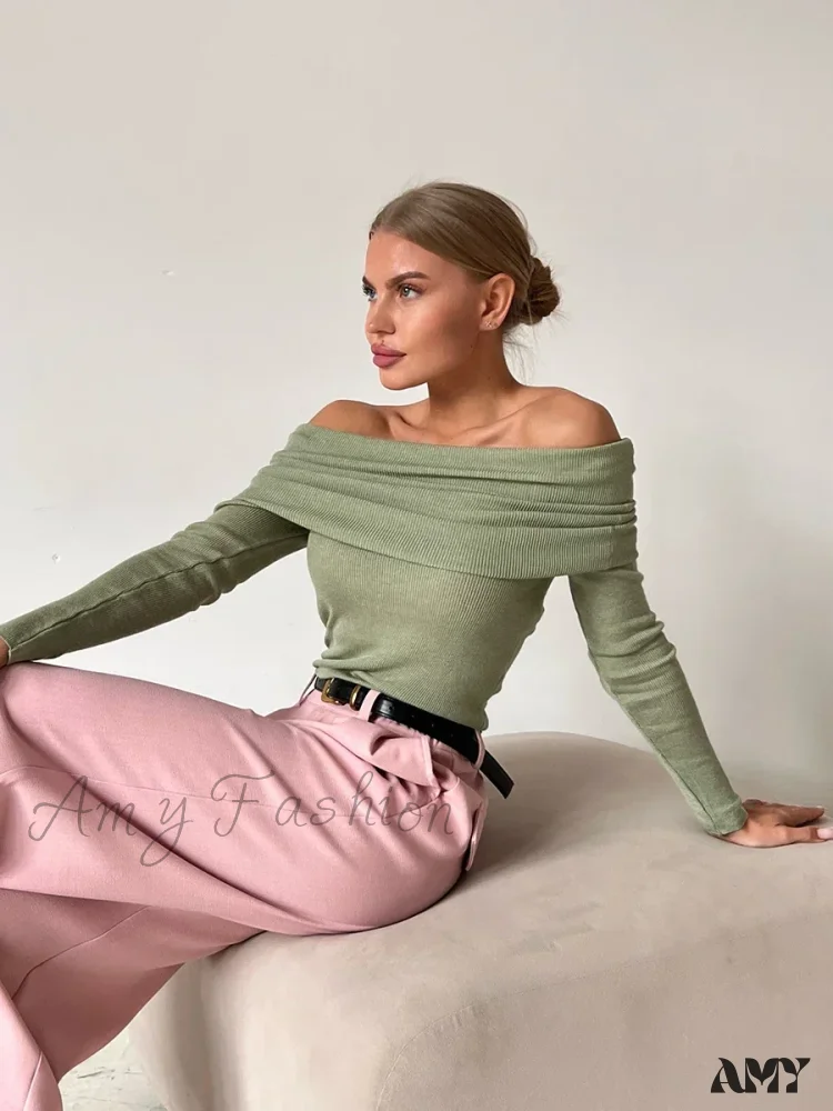 Wolfeel Women Knitted Wool T-shirt Slim Fit Long Sleeve Off Shoulder Sweater - Image 2